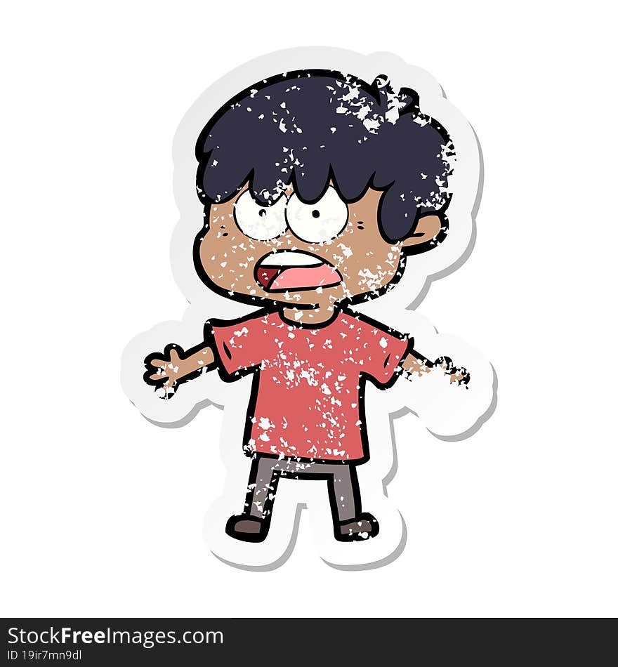 distressed sticker of a worried cartoon boy