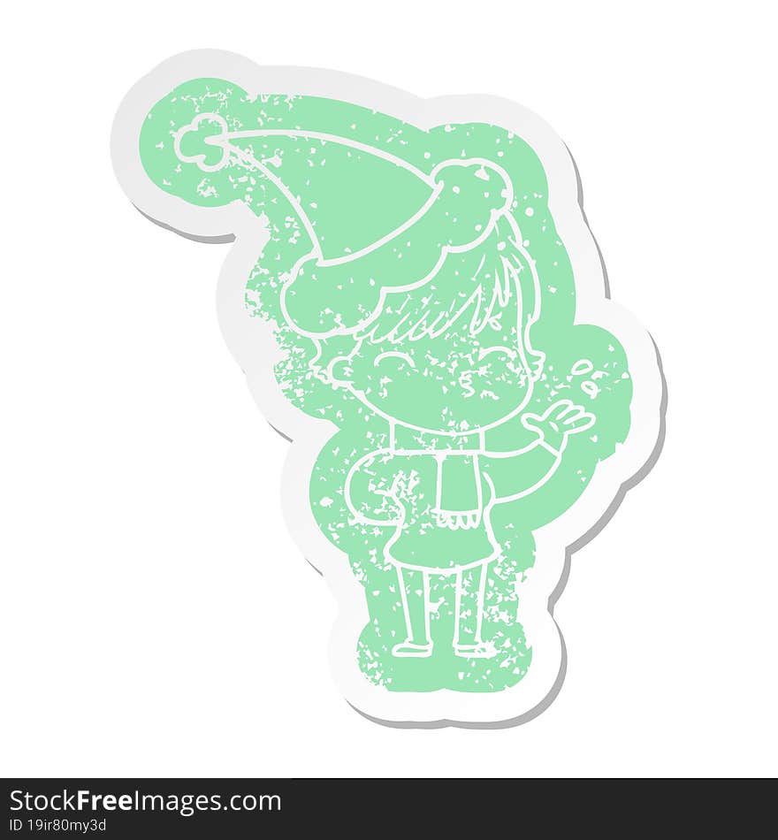 cartoon distressed sticker of a woman thinking wearing santa hat