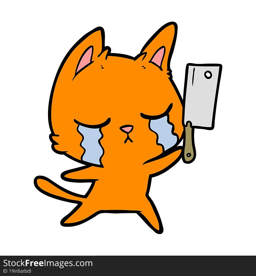 crying cartoon cat with cleaver. crying cartoon cat with cleaver