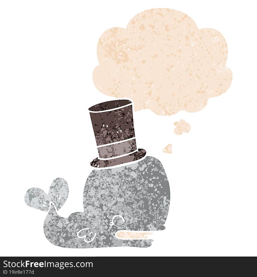 Cartoon Whale Wearing Top Hat And Thought Bubble In Retro Textured Style