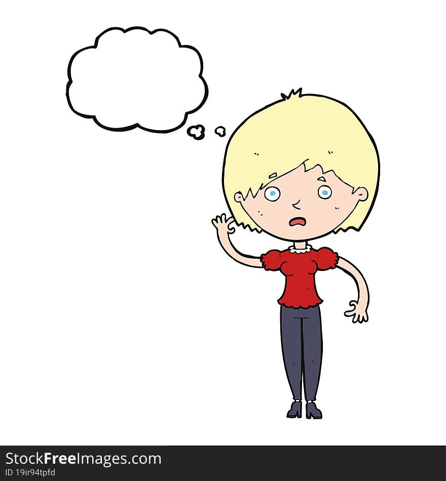 cartoon waving woman with thought bubble