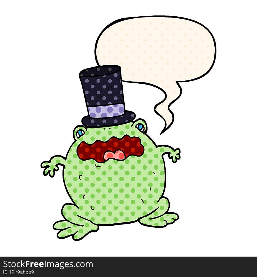 cartoon toad wearing top hat and speech bubble in comic book style