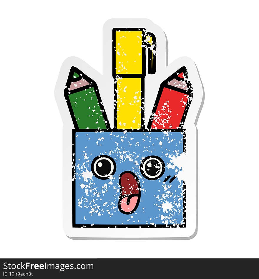 distressed sticker of a cute cartoon pencil pot