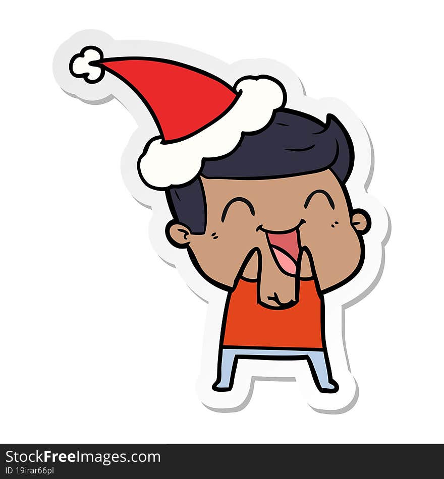 sticker cartoon of a man laughing wearing santa hat