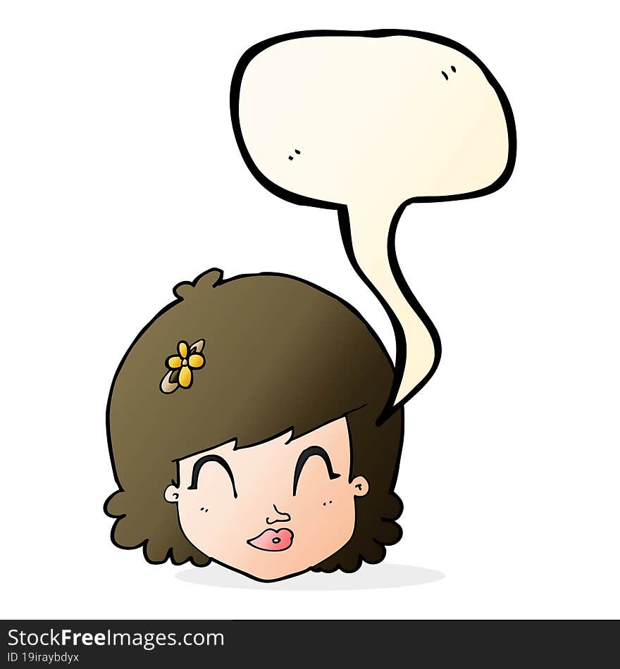 cartoon happy female face with speech bubble