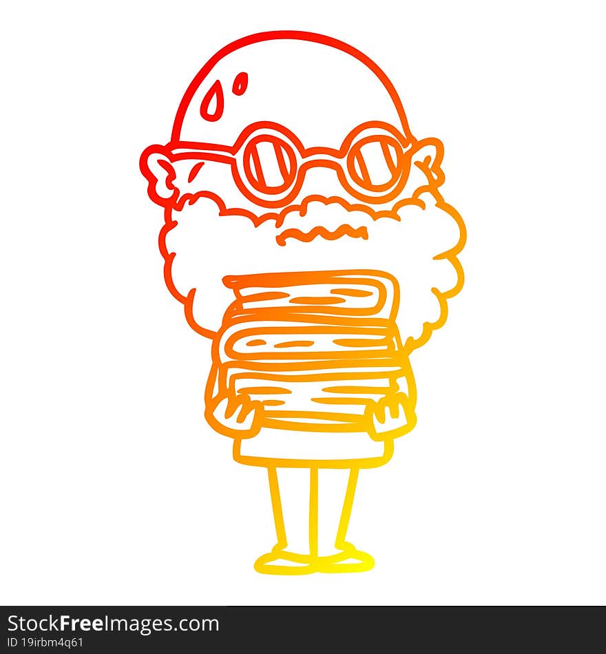 warm gradient line drawing cartoon worried man with beard and stack of books