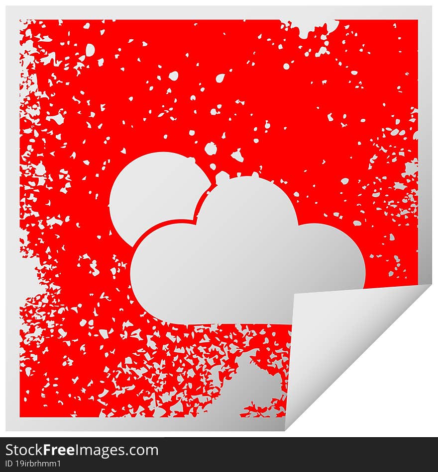 distressed square peeling sticker symbol of a sunshine and cloud