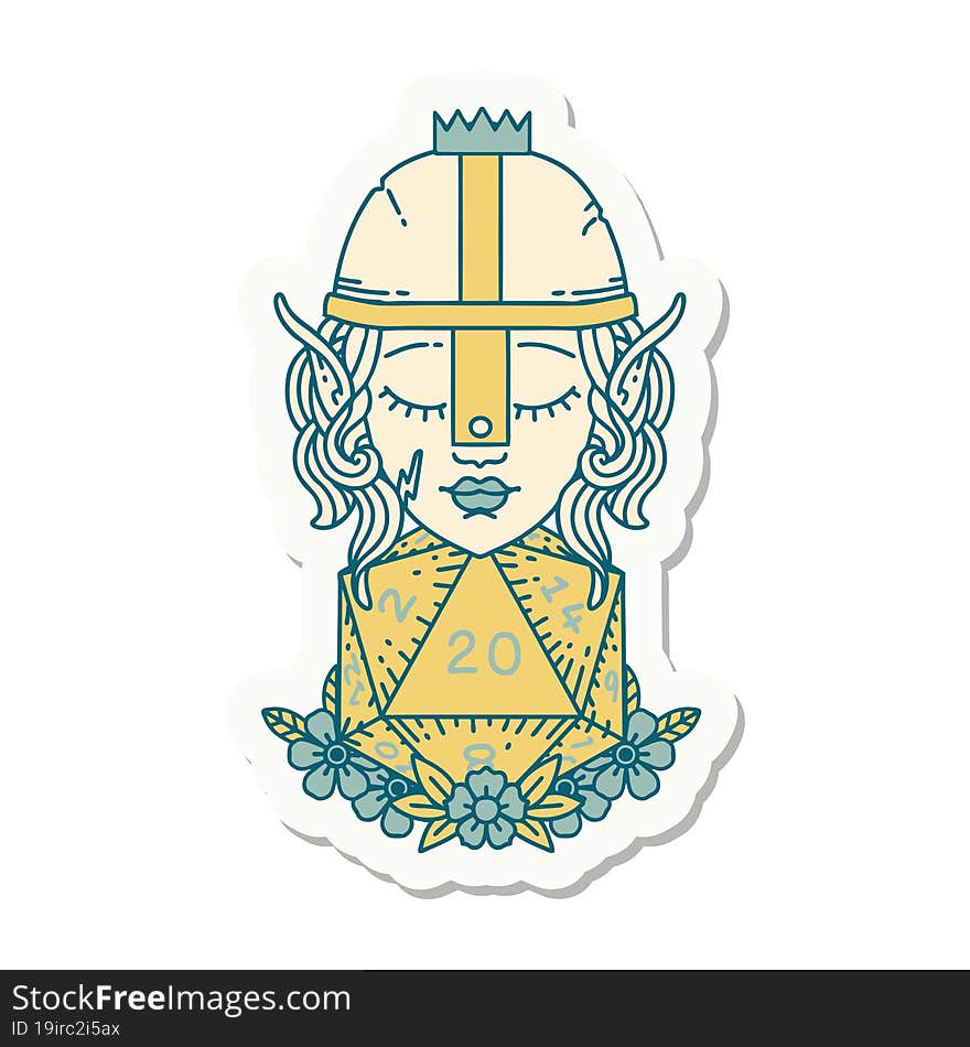 sticker of a elf fighter with natural twenty dice roll. sticker of a elf fighter with natural twenty dice roll