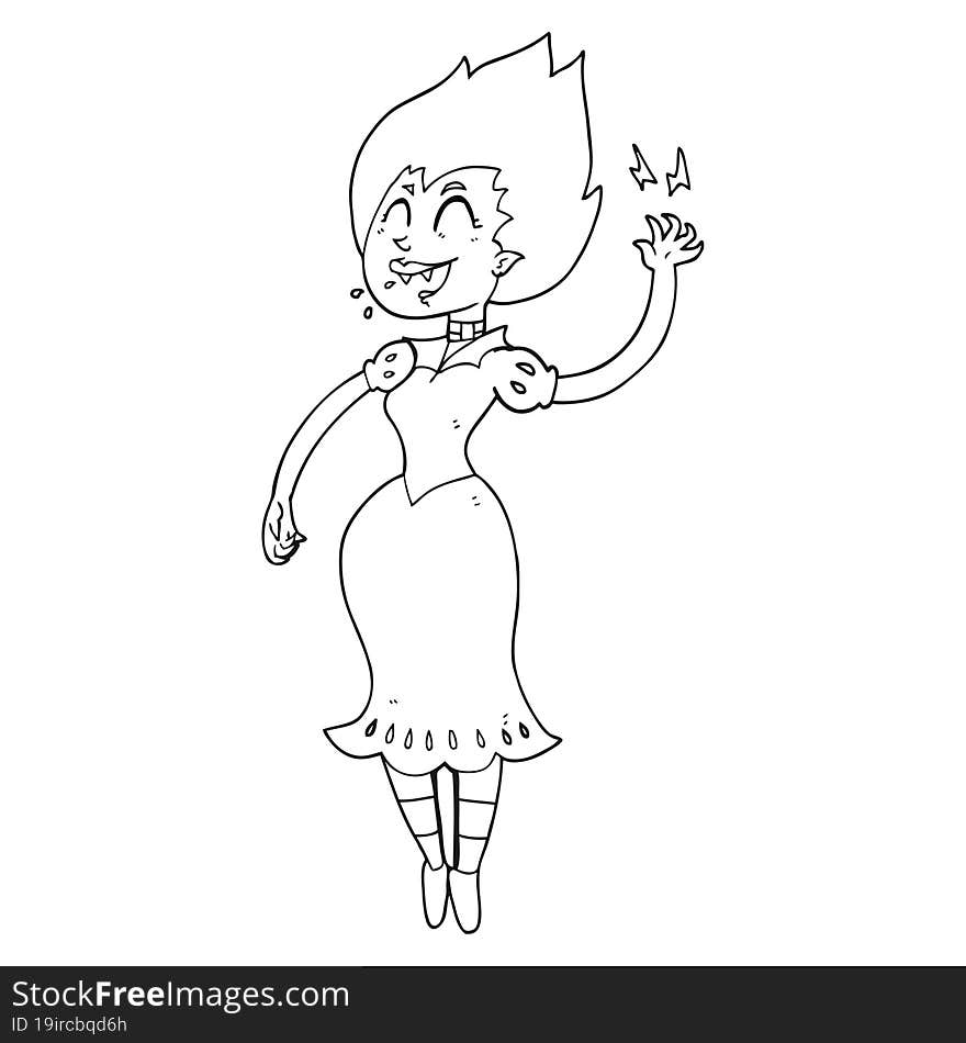 freehand drawn black and white cartoon vampire girl