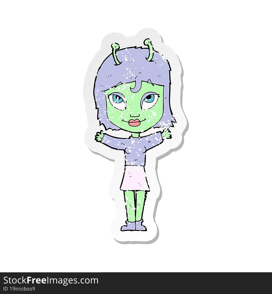 retro distressed sticker of a cartoon alien girl