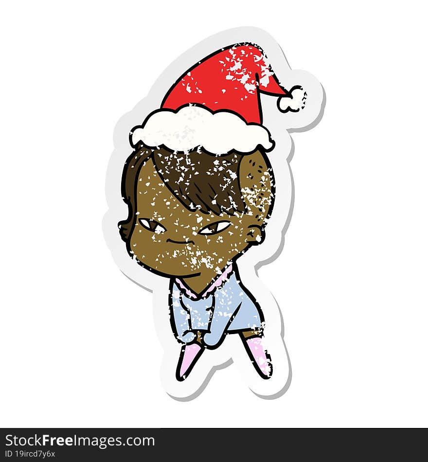 cute distressed sticker cartoon of a girl with hipster haircut wearing santa hat