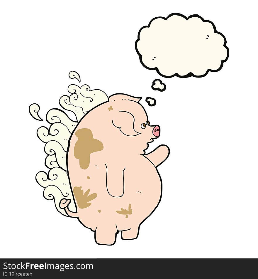 cartoon fat smelly pig with thought bubble