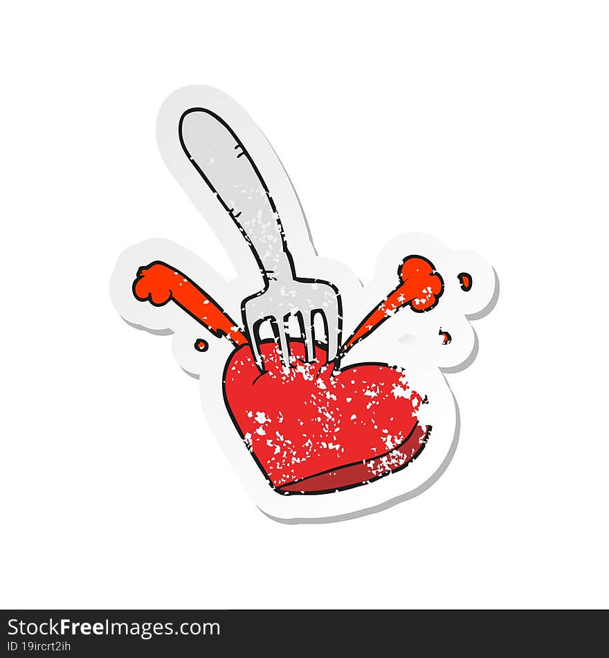 Retro Distressed Sticker Of A Cartoon Heart Stabbed By Fork