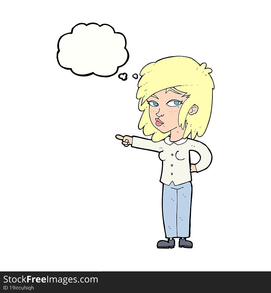 cartoon woman pointing with thought bubble