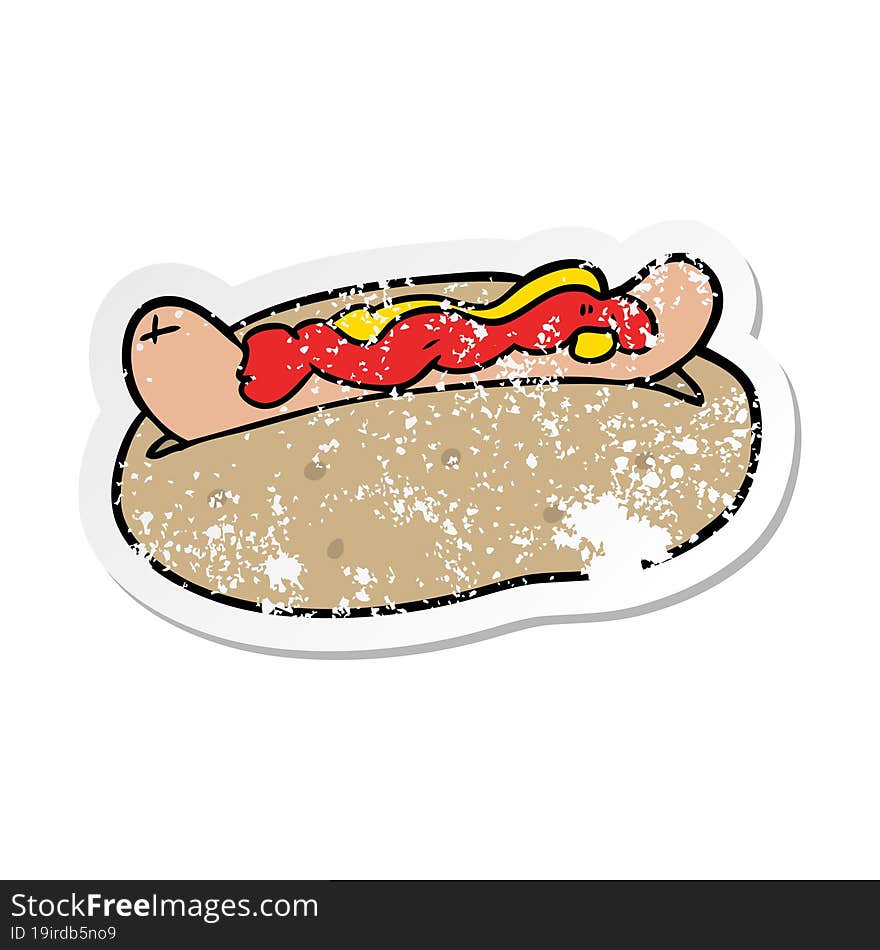 Distressed Sticker Of A Cartoon Hotdog