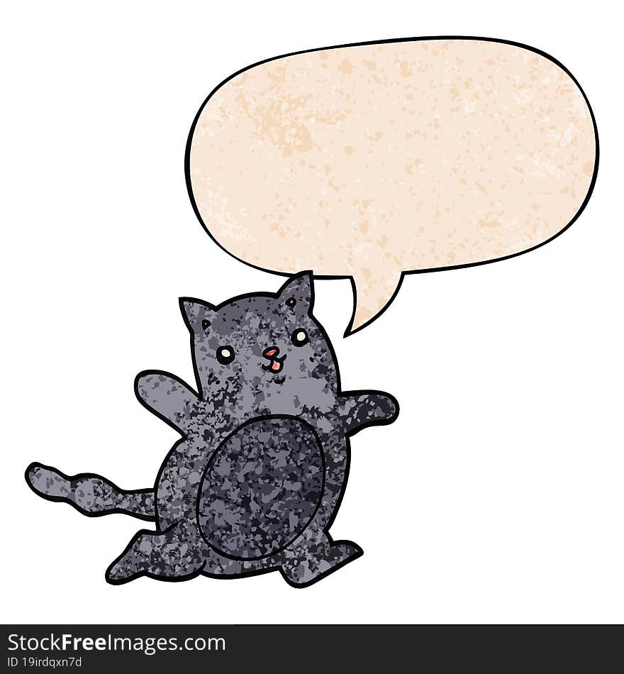 cartoon cat and speech bubble in retro texture style