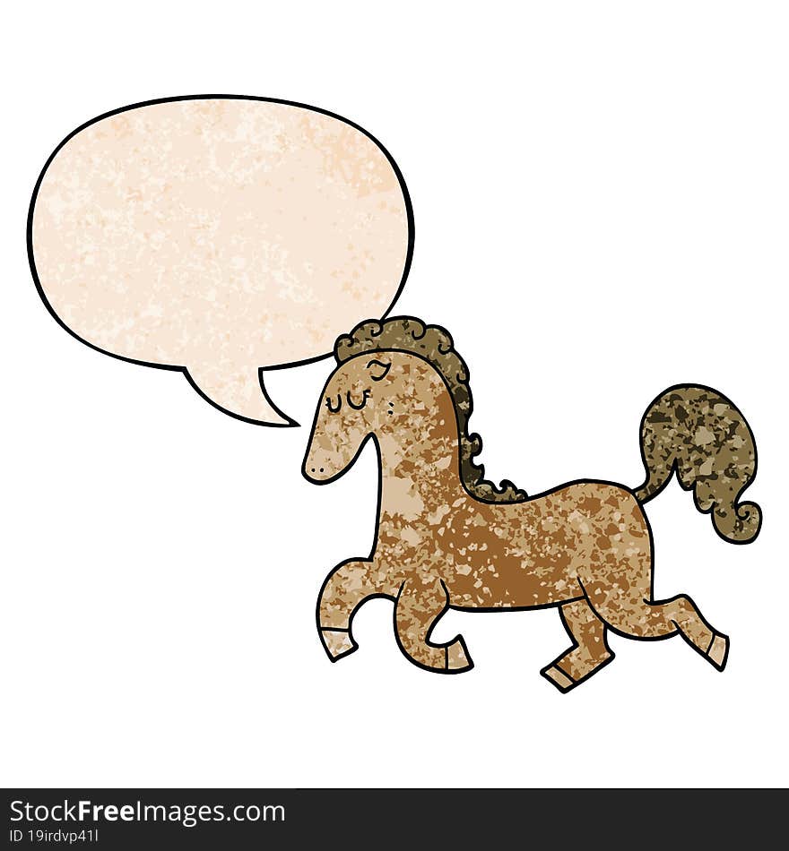 cartoon horse running and speech bubble in retro texture style