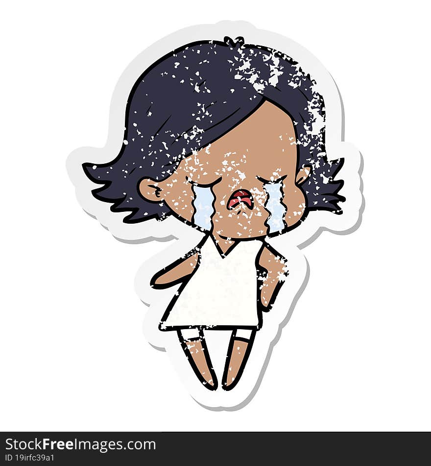 distressed sticker of a cartoon girl crying