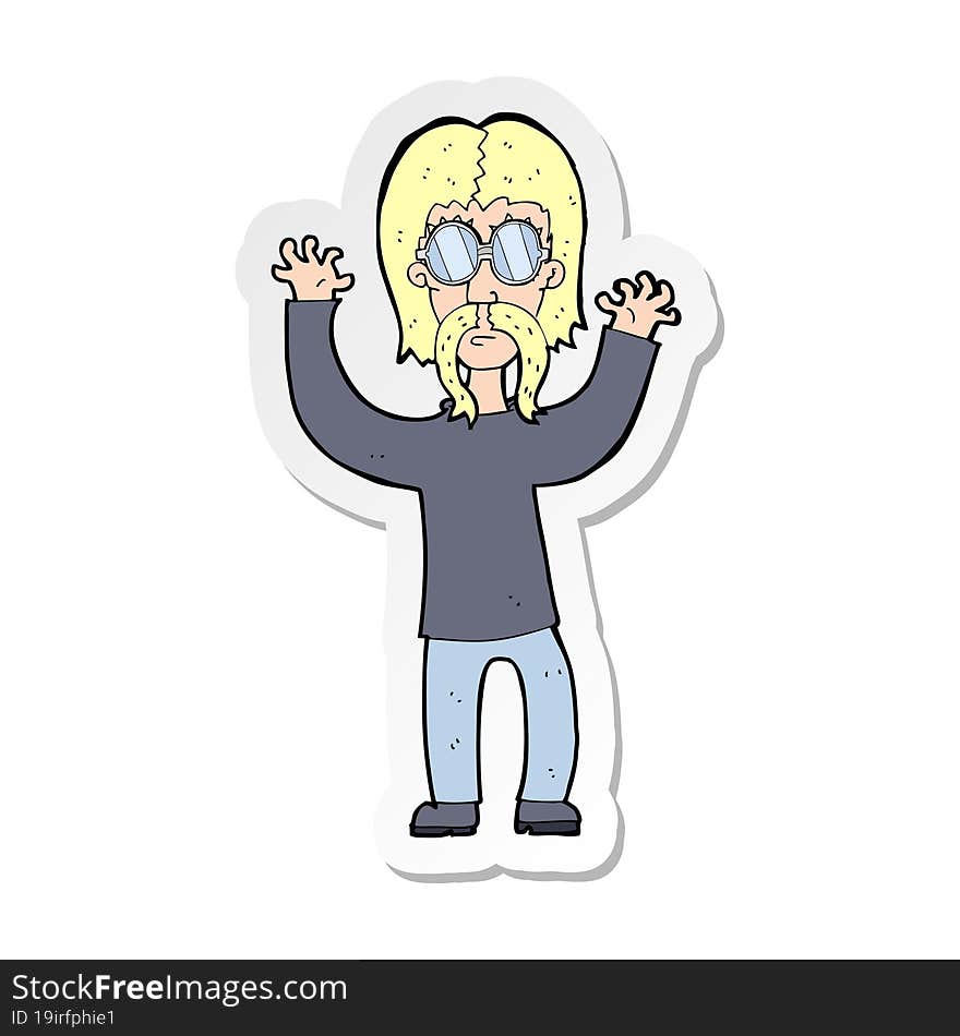 sticker of a cartoon hippie man waving arms