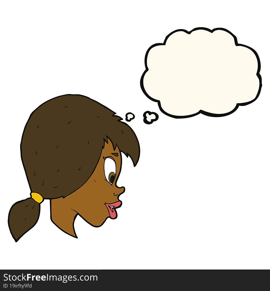 cartoon pretty female face with thought bubble