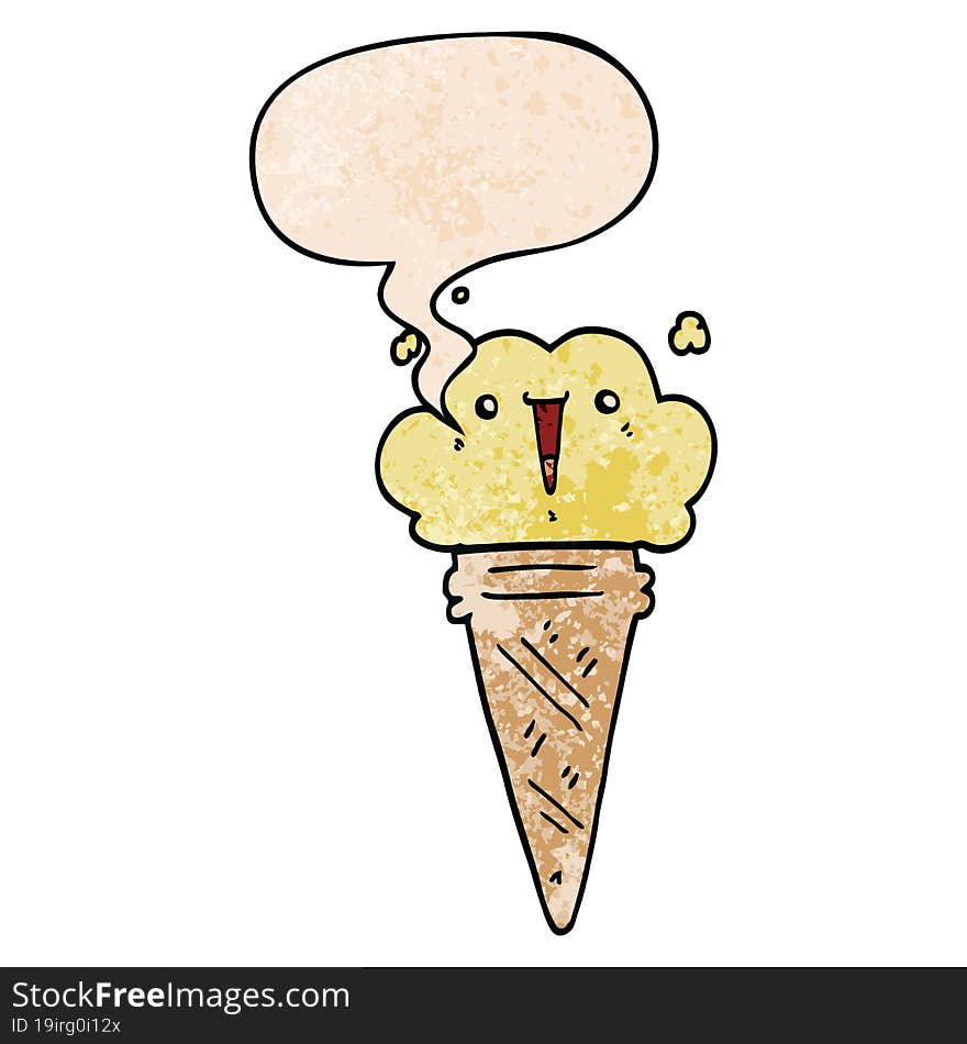 cartoon ice cream with face with speech bubble in retro texture style. cartoon ice cream with face with speech bubble in retro texture style