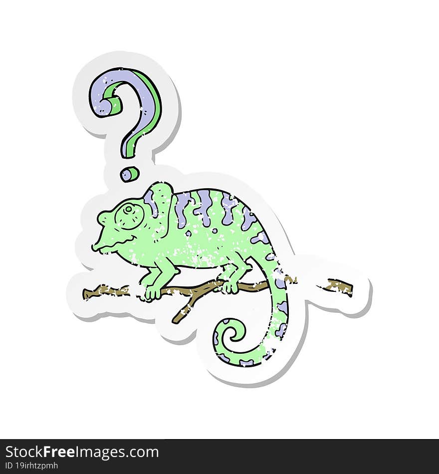 retro distressed sticker of a cartoon curious chameleon