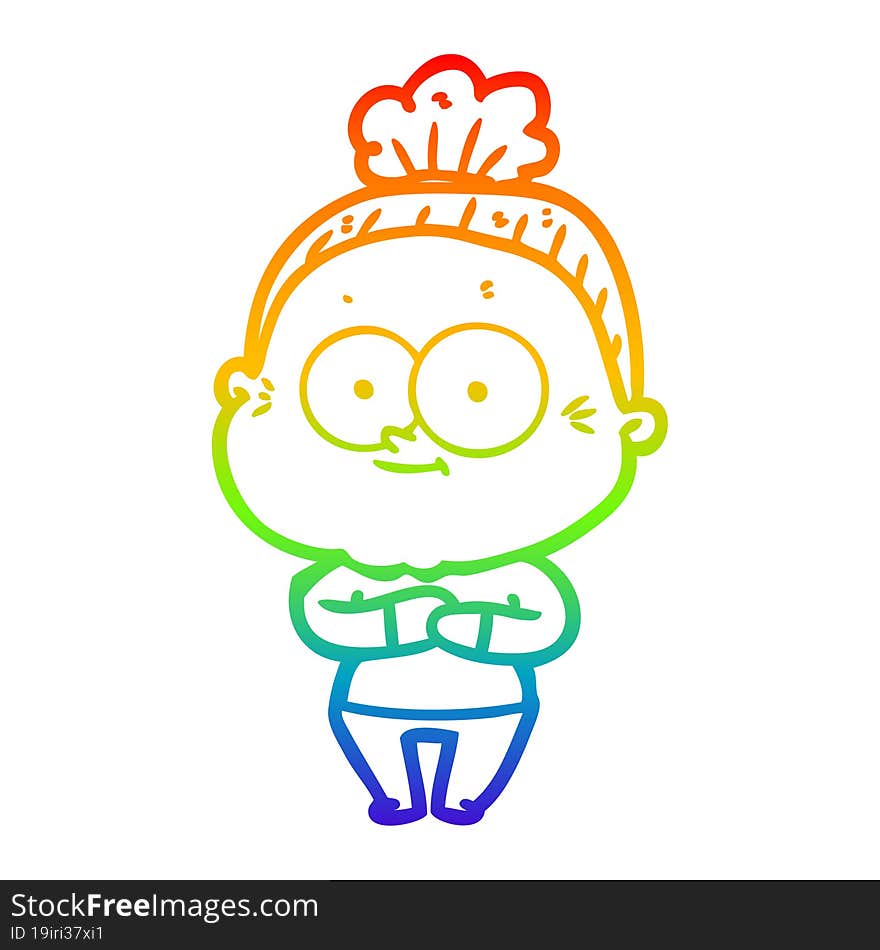 rainbow gradient line drawing of a cartoon happy old woman