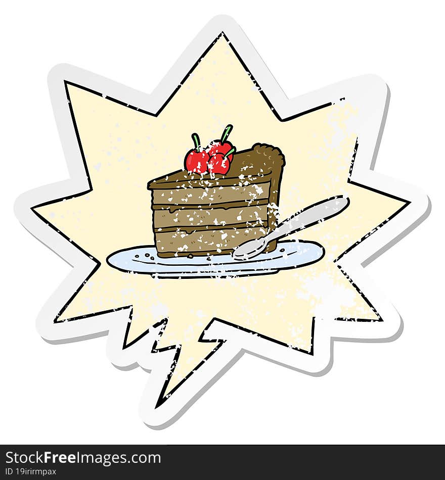 cartoon expensive slice of chocolate cake and speech bubble distressed sticker