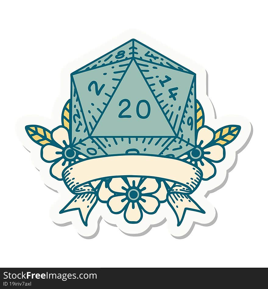 sticker of a natural 20 critical hit D20 dice roll. sticker of a natural 20 critical hit D20 dice roll