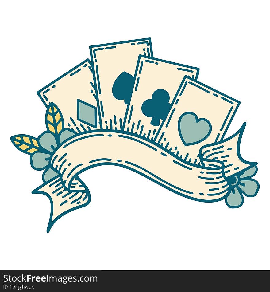 iconic tattoo style image of cards and banner. iconic tattoo style image of cards and banner