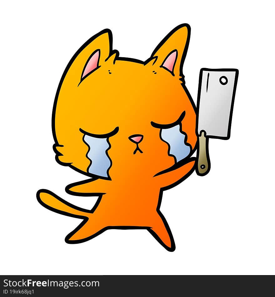 crying cartoon cat with cleaver. crying cartoon cat with cleaver