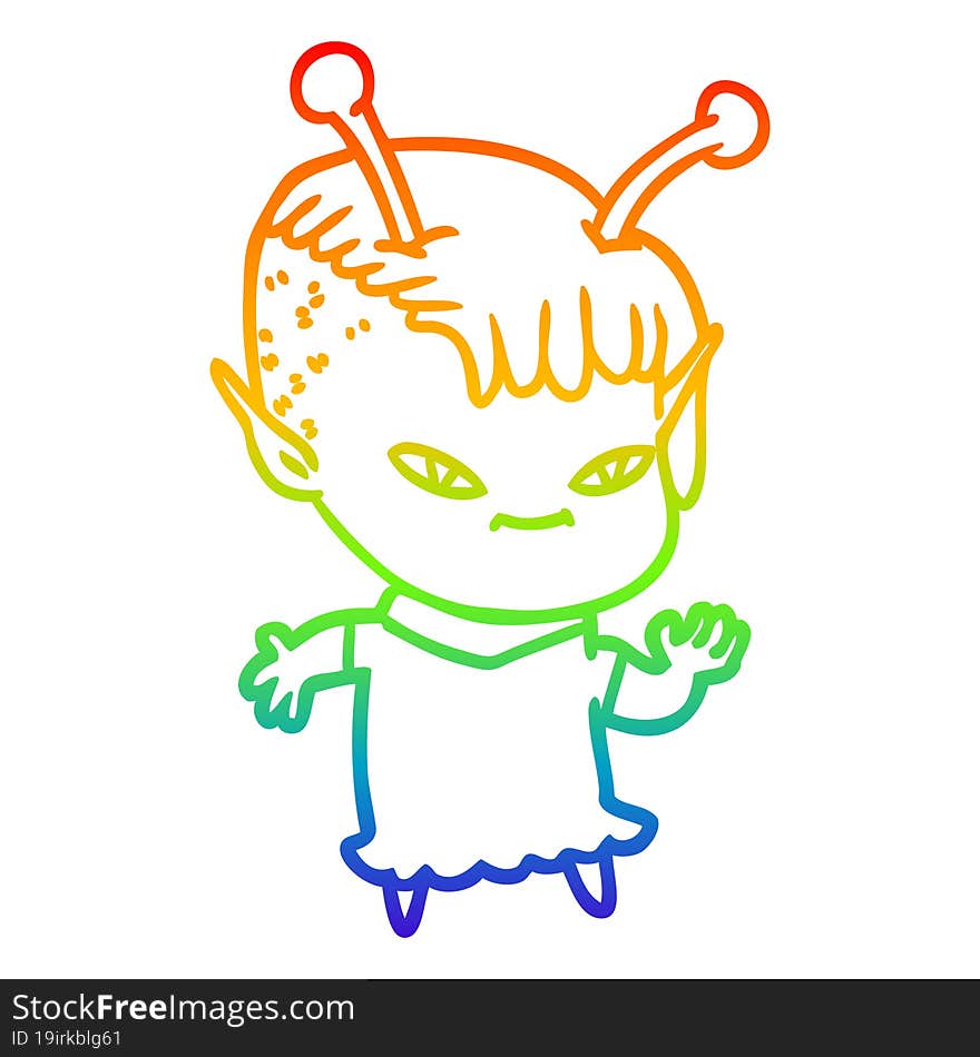 rainbow gradient line drawing of a cute cartoon alien girl