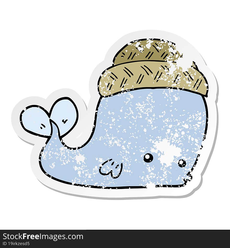 Distressed Sticker Of A Cartoon Whale Wearing Hat