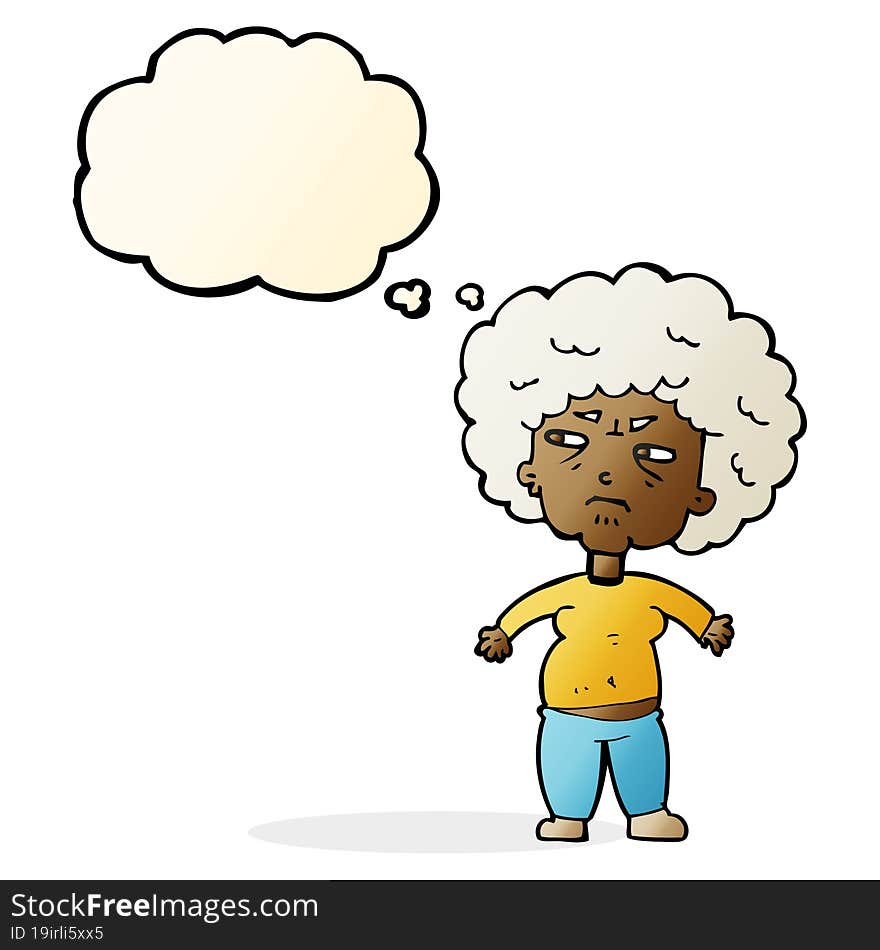 cartoon annoyed old woman with thought bubble