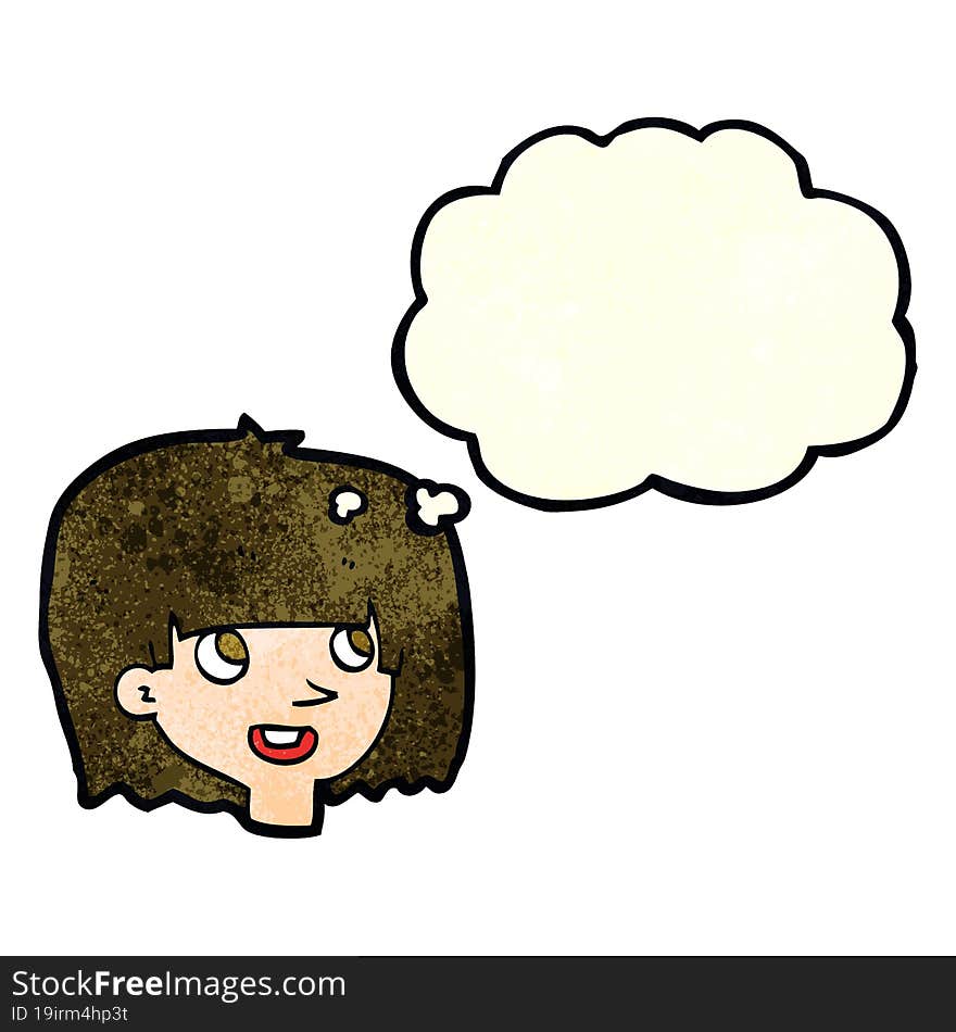 cartoon happy female face with thought bubble