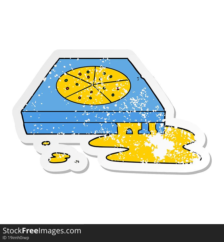 Distressed Sticker Of A Cartoon Greasy Pizza