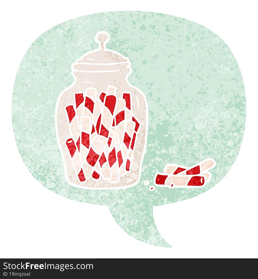 cartoon jar of candy and speech bubble in retro textured style