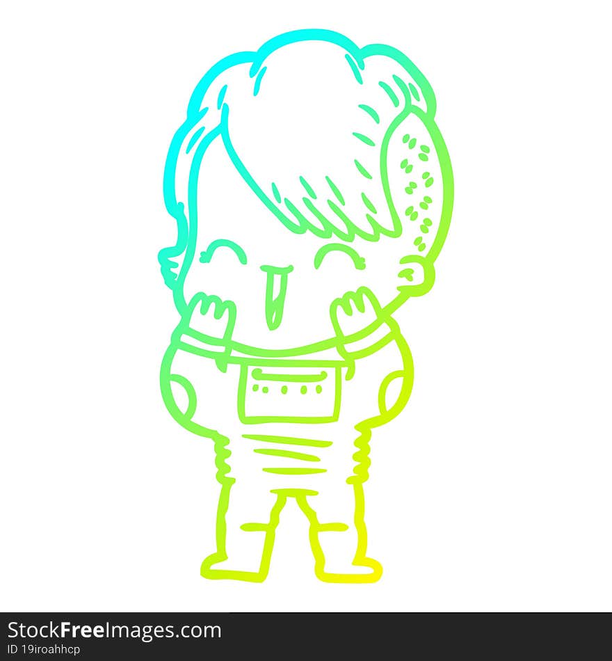 cold gradient line drawing cartoon happy hipster girl wearing space suit