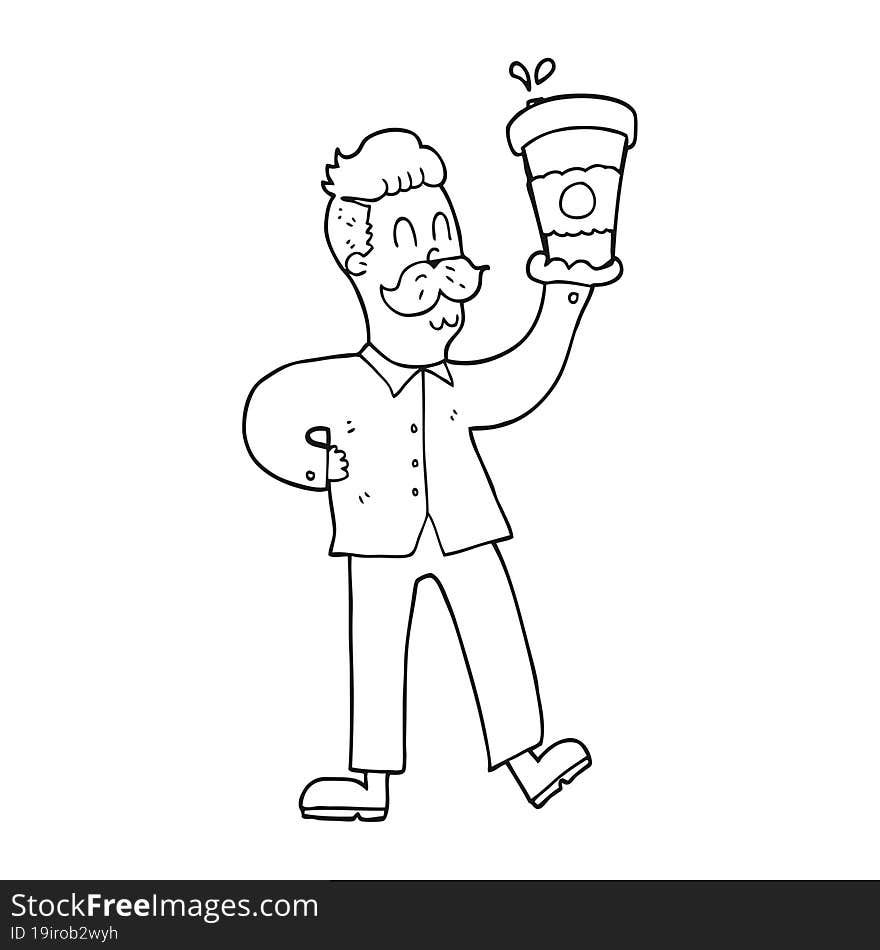 black and white cartoon man with coffee cups