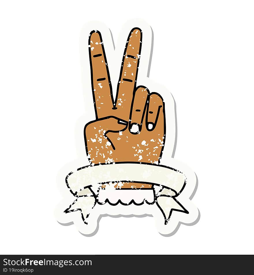 grunge sticker of a peace two finger hand gesture with banner. grunge sticker of a peace two finger hand gesture with banner