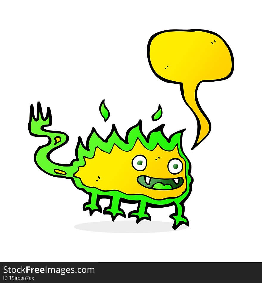 cartoon little fire demon with speech bubble