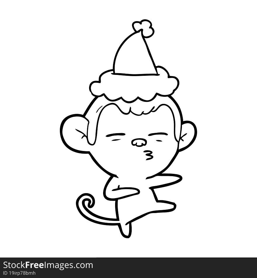 line drawing of a suspicious monkey wearing santa hat