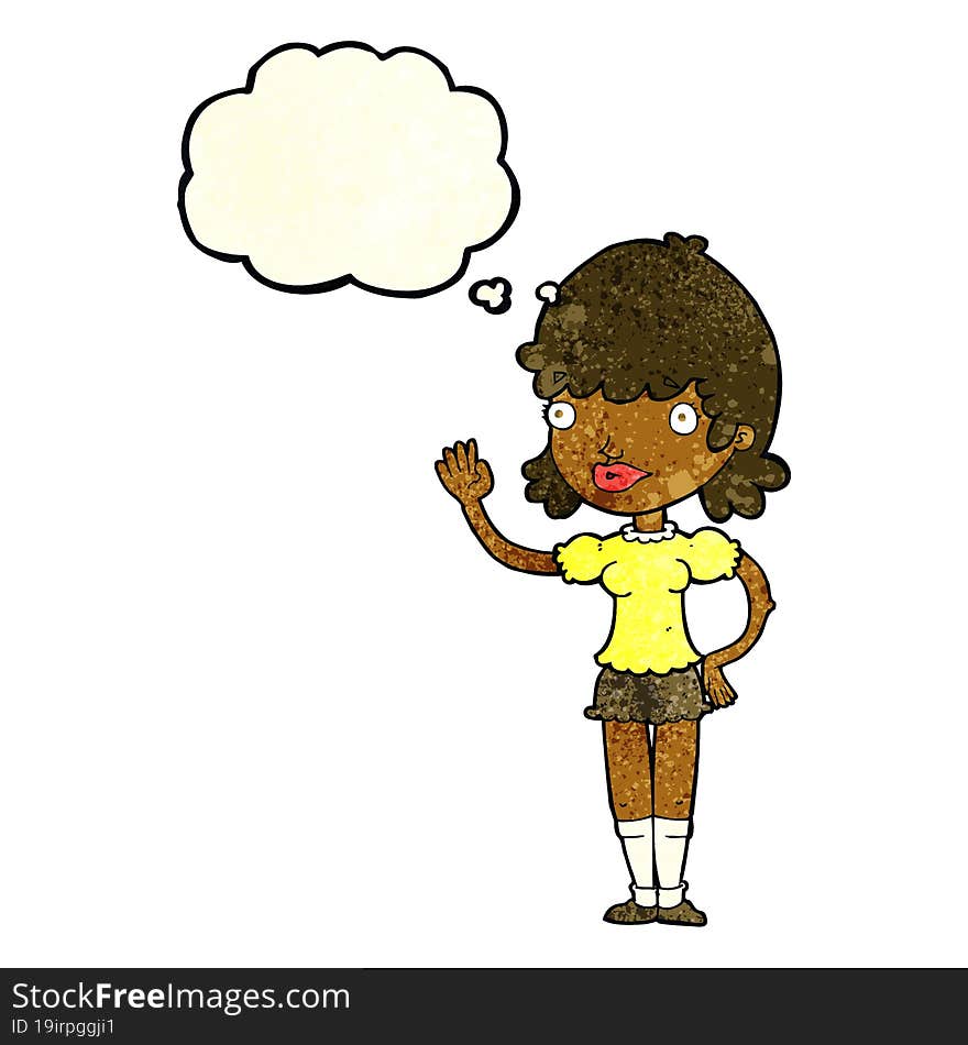 cartoon waving woman with thought bubble