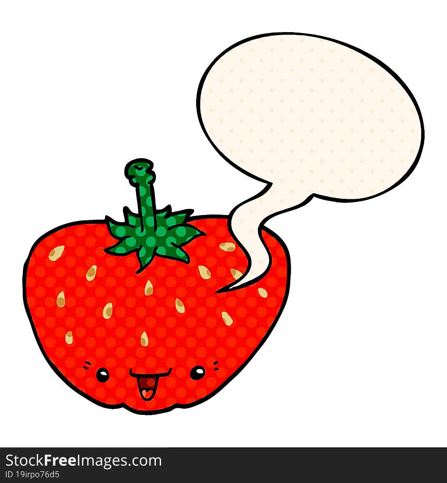 cartoon strawberry and speech bubble in comic book style