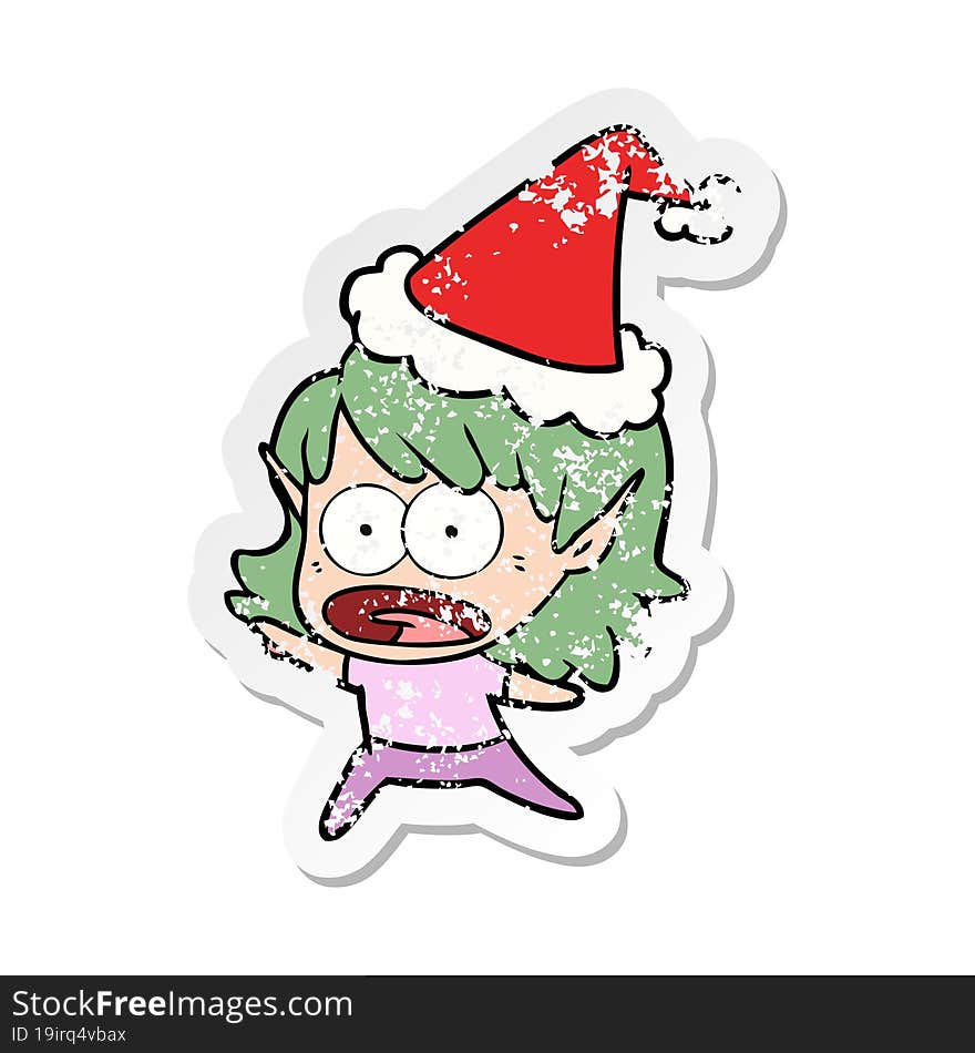 distressed sticker cartoon of a shocked elf girl wearing santa hat