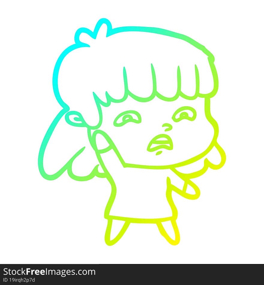 cold gradient line drawing cartoon worried woman