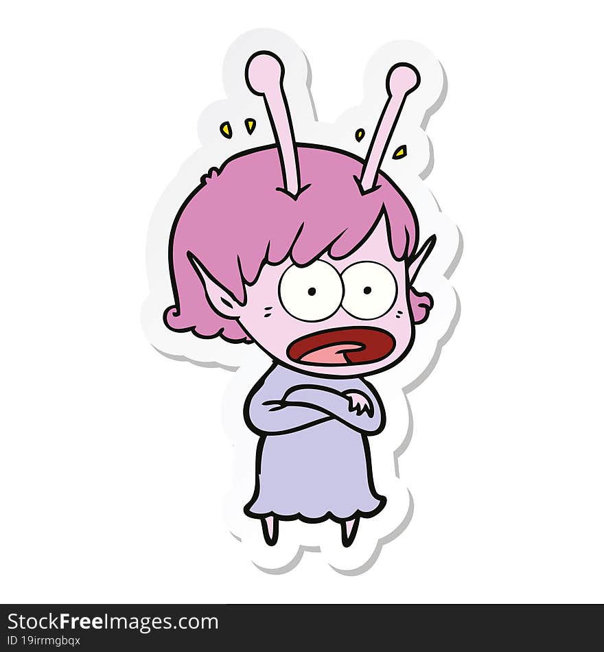 sticker of a cartoon shocked alien girl