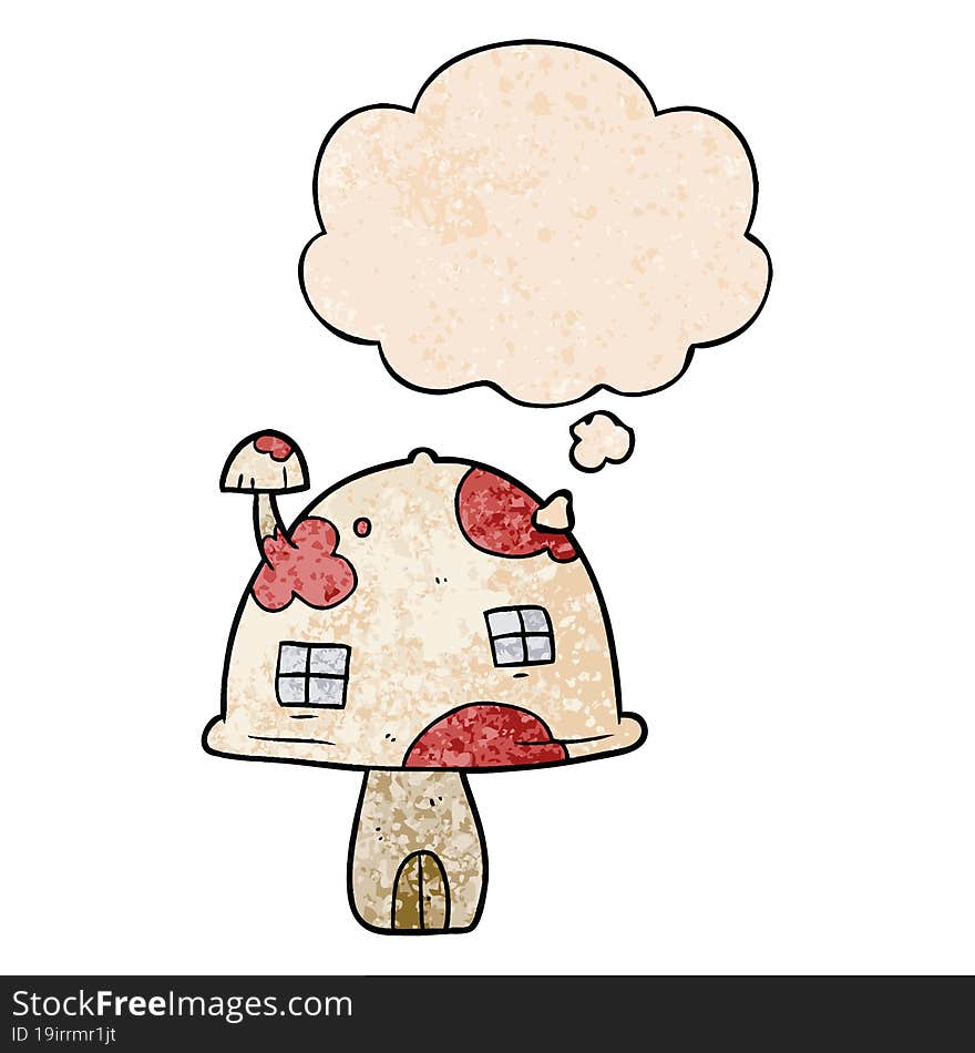 Cartoon Mushroom House And Thought Bubble In Grunge Texture Pattern Style