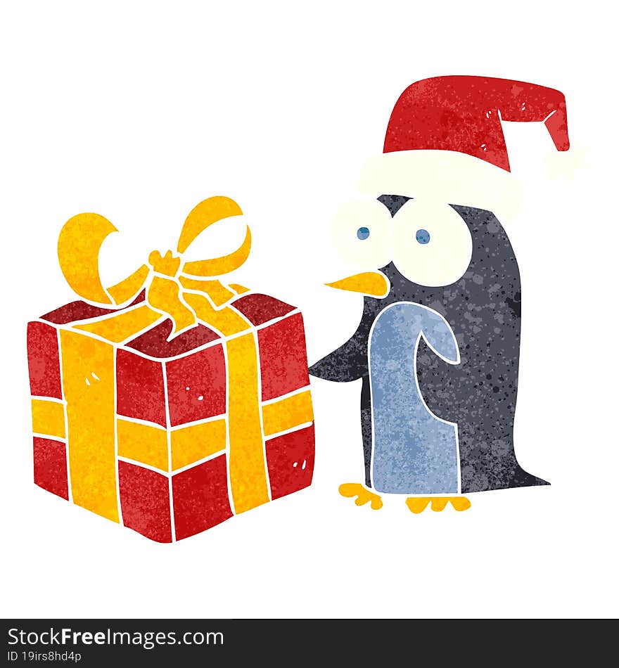 retro cartoon christmas penguin with present