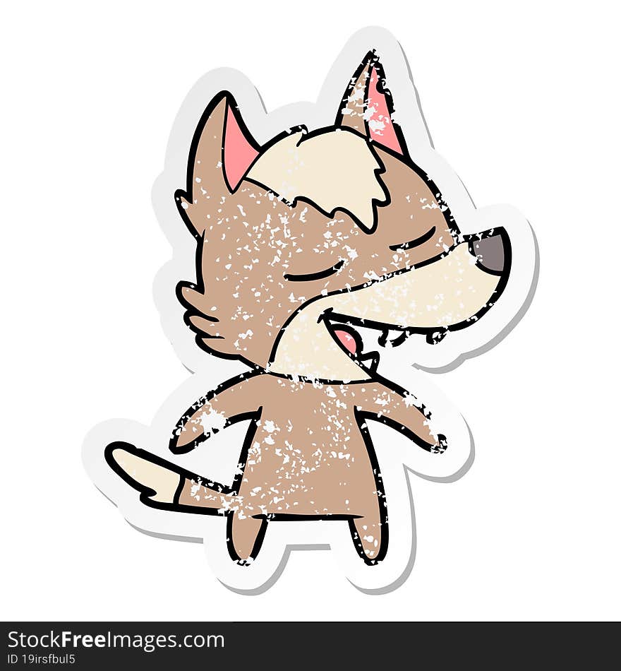 distressed sticker of a cartoon wolf laughing